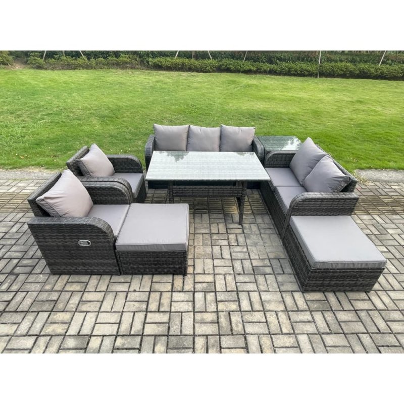 Fimous 9 Seater Garden Rattan Furniture Dining Table Sofa Set Indoor Outdoor with 2 Reclining Chairs Side Tables 2 Big Footstool Dark Grey Mixed