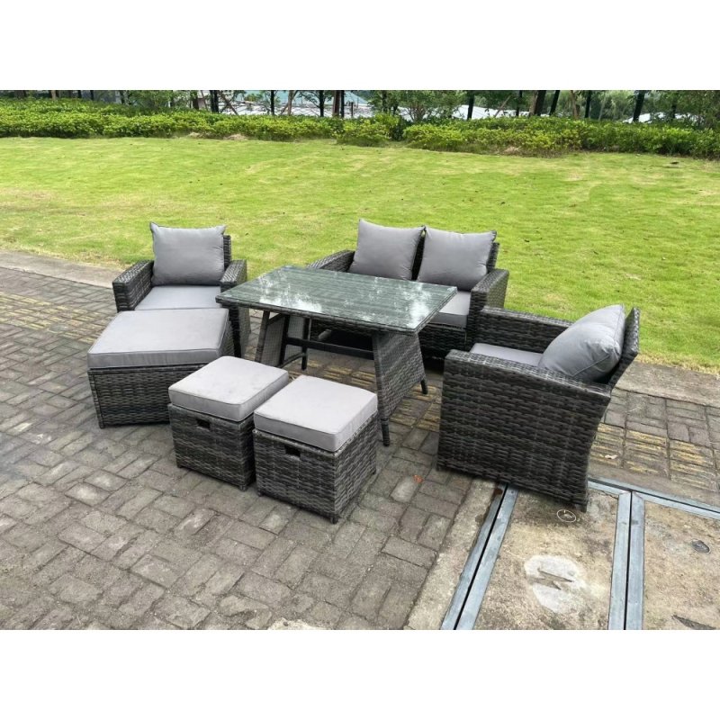 Fimous 7 Seater Dark Grey Mixed High Back Rattan Sofa Set Dining Table Garden Furniture Outdoor