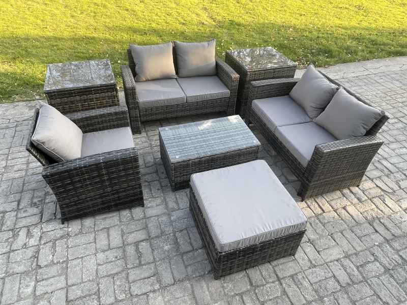 Fimous Rattan Garden Furniture Set 6 Seater Patio Outdoor Lounge Sofa Chair Set with 2 Side Tables Rectangular Coffee Table Big Footstool Dark Grey Mixed