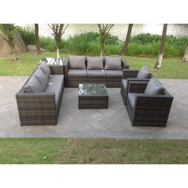 Fimous 8 Seater Grey Rattan Sofa Set Coffee Table Arm Chair Outdoor Garden Furniture