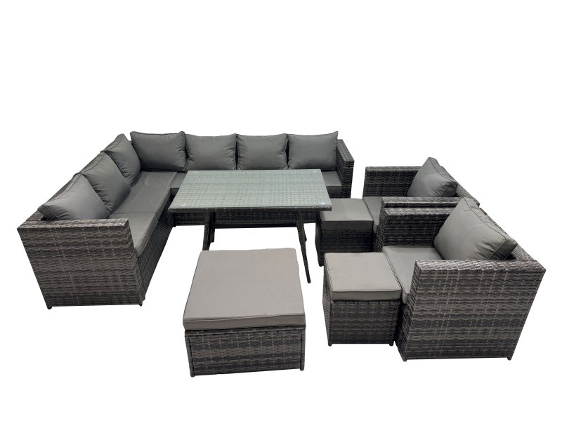 Fimous 11-seater Outdoor PE Rattan Sofa Set with Dining Table Patio Garden Furniture Sets with 2 Chair 3 Stools Dark Grey Mixed