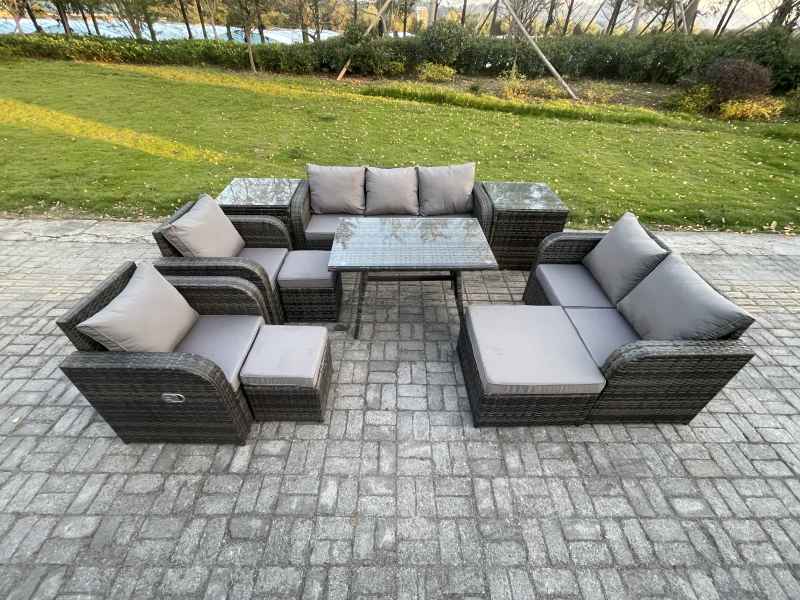 Fimous Outdoor Rattan Garden Furniture Set 10 Seater Patio Lounge Sofa Set with Dining Table 3 Footstools 2 Side Tables Dark Grey Mixed