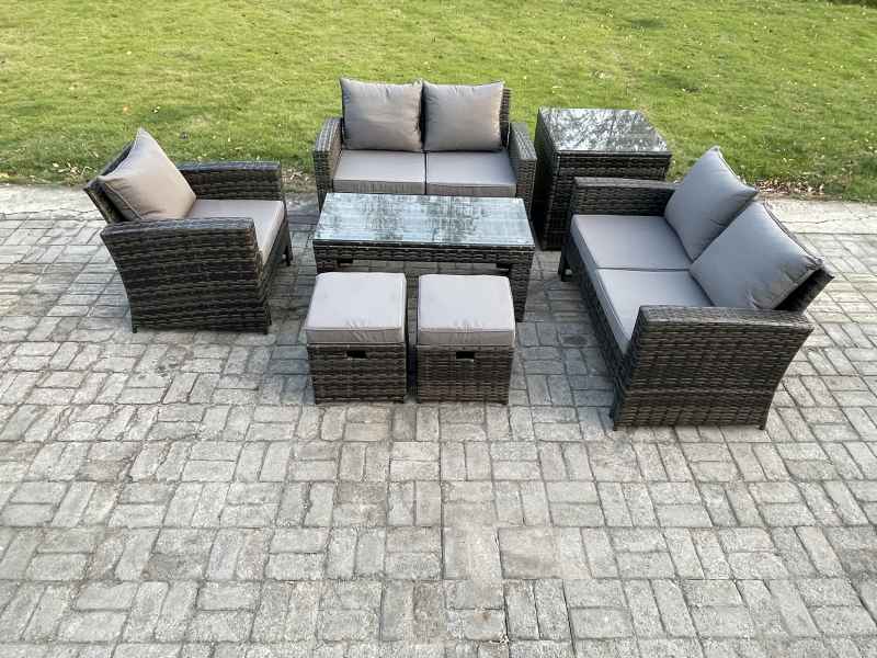 Fimous 7pcs Rattan Outdoor Garden Furniture Sofa Set with Coffee Table Side Table 2 Small Footstools Dark Grey Mixed