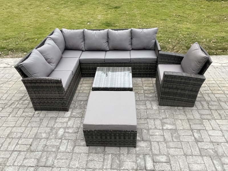 Fimous 8 Seater Outdoor Garden Furniture Set Wicker PE Rattan Corner Sofa Set with Square Coffee Table Big Footstool Armchair Dark Grey Mixed