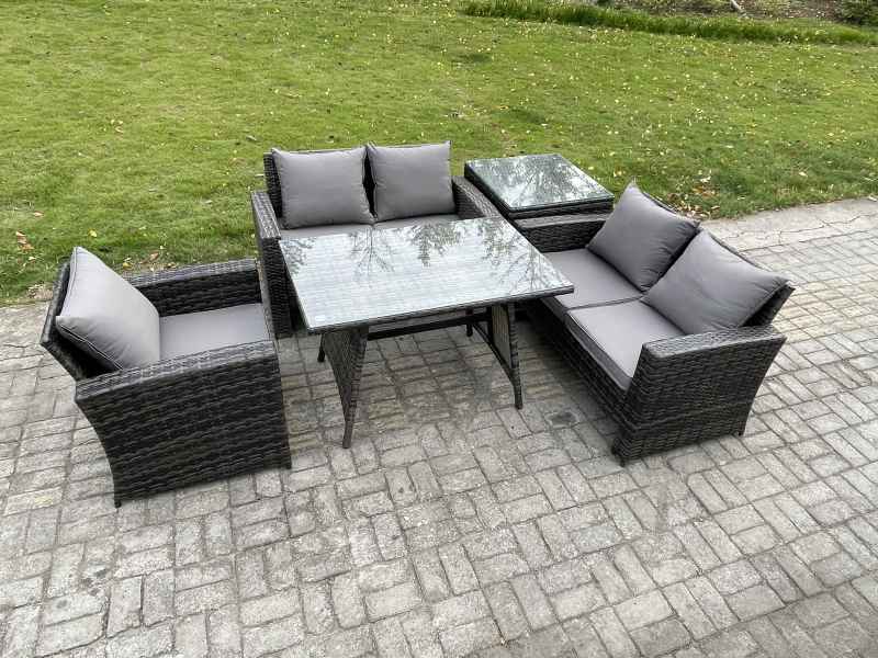 Fimous Wicker PE Rattan Garden Dining Set Outdoor Furniture Sofa with Rectangular Dining Table Love Seat Sofa Side Table Dark Grey Mixed