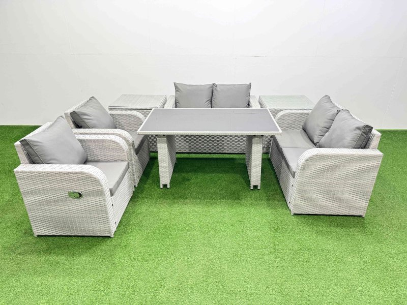 Fimous Outdoor PE Rattan Sofa Reclining Chair Set Patio Garden Furniture Sets with Cushions 2 Side Tables Light Grey 7 Pieces