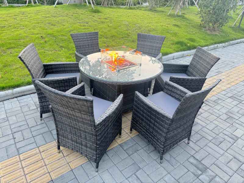 Fimous 7-Piece PE Rattan Garden Furniture with Big Round Gas Firepit Table and 6 Chairs for Patio Dark Grey Mixed