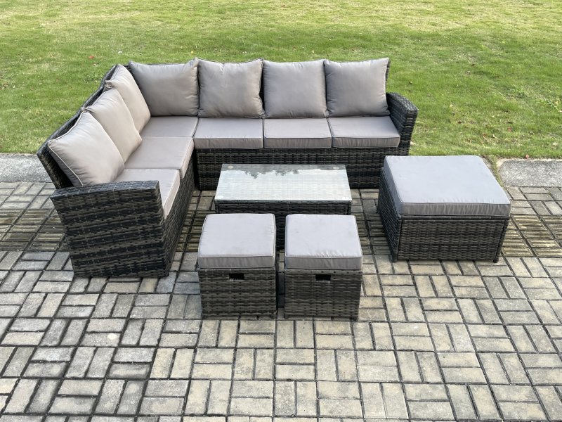 Fimous 9 Seater High Back Outdoor Garden Furniture Set Rattan Corner Sofa Set With Rectangular Coffee Table 3 Footstools Dark Grey Mixed