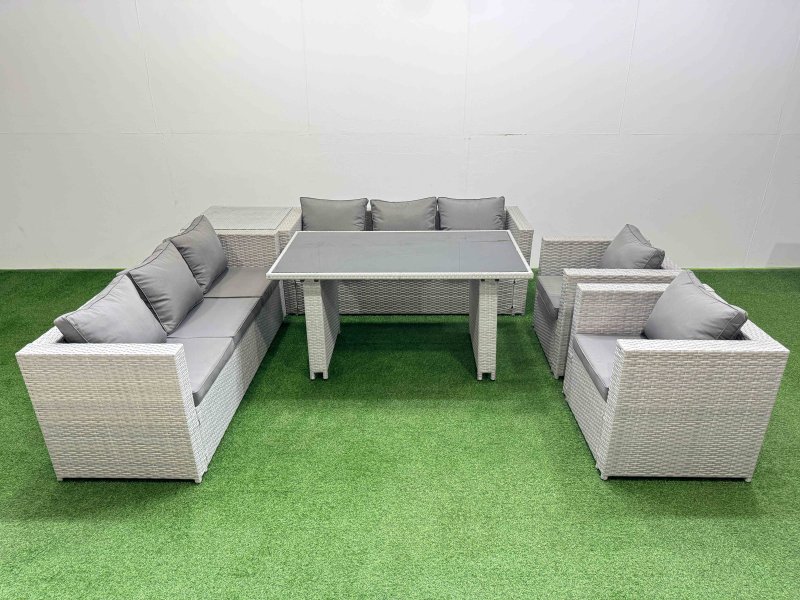 Fimous 8 Seater Wicker PE Rattan Furniture Outdoor Dining Table 3 Seater Sofa Armchair Set with Side Table Light Grey
