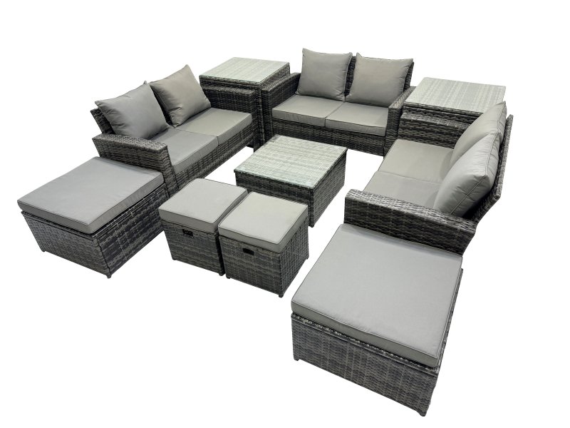 Fimous PE Rattan Garden Furniture Set Lounge Double Seat Sofa Coffee Table Set with 2 Side Tables 4 Stools Dark Grey Mixed