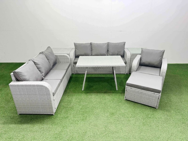 Fimous 7 Pieces Outdoor PE Rattan Garden Furniture with Cushions Reclining Chair 2 Side Tables Big Stool Light Grey