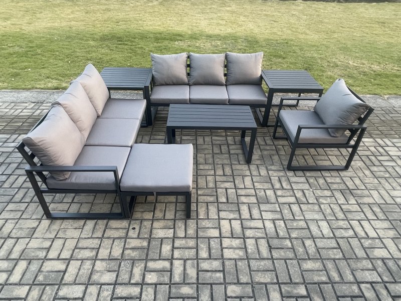 Fimous Aluminium 8 Seater Garden Furniture Outdoor Patio Sofa Set with Rectangular Coffee Table Armchair Big Footstool 2 Side Tables Dark Grey