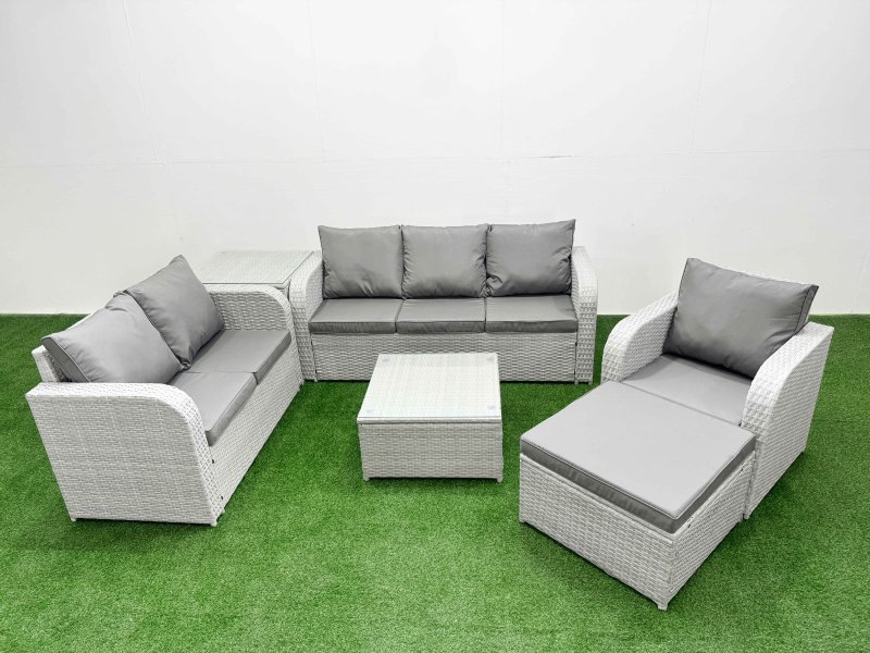Fimous Patio PE Wicker 7 Seater Outdoor Rattan Furniture Sofa Sets with Square Coffee Table Reclining Chair Loveseat Sofa 3 Seater Sofa Big Footstool Side Table Light Grey
