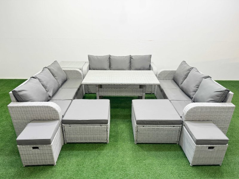Fimous PE Rattan Lounge Sofa Set 10 Seater Outdoor Garden Furniture Set with Dining Table 3 Seater Sofa 2 Big Footstools Side Table Light Grey