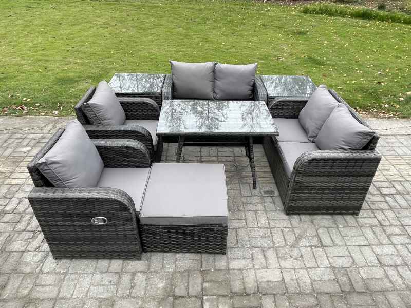 Fimous Wicker PE Rattan Garden Dining Set Outdoor Furniture Sofa with Rectangular Dining Table 2 Side Tables Big Footstool Dark Grey Mixed