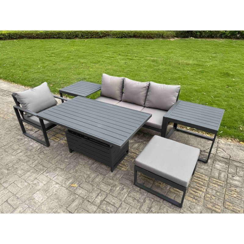 Fimous Aluminium Garden Furniture Set 5 Piece Aluminium Lounge Seating Adjustable Rising Lifting Dining Table Set with Side Table Big Footstool Dark Grey