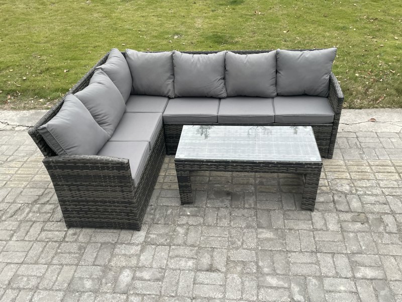 Fimous 6 Seater Outdoor Rattan Garden Furniture Set Corner Sofa Oblong Coffee Table Sets Dark Grey Mixed