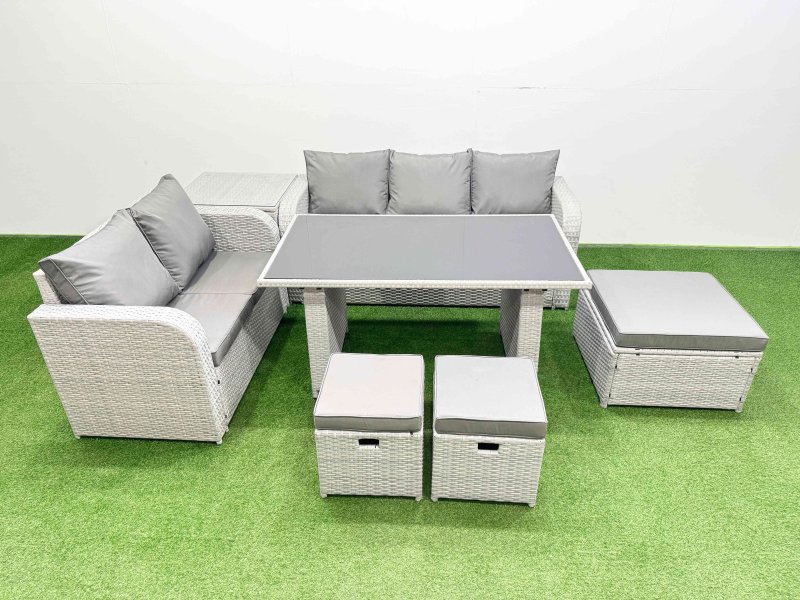 Fimous Garden Furniture Set PE Ratten Garden Sofa Set with Rectangular Dining Table 3 Stool Side Table Light Grey