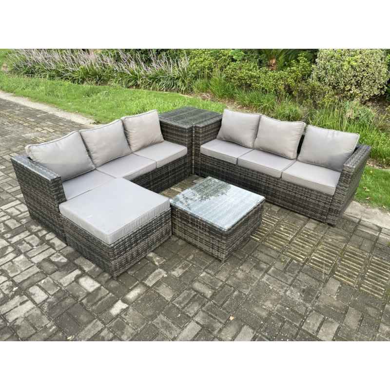 Fimous 7 Seater Rattan Garden Furniture Sofa Set with Side Table Square Coffee Table Big Footstool Indoor Outdoor Rattan Set Dark Grey Mixed