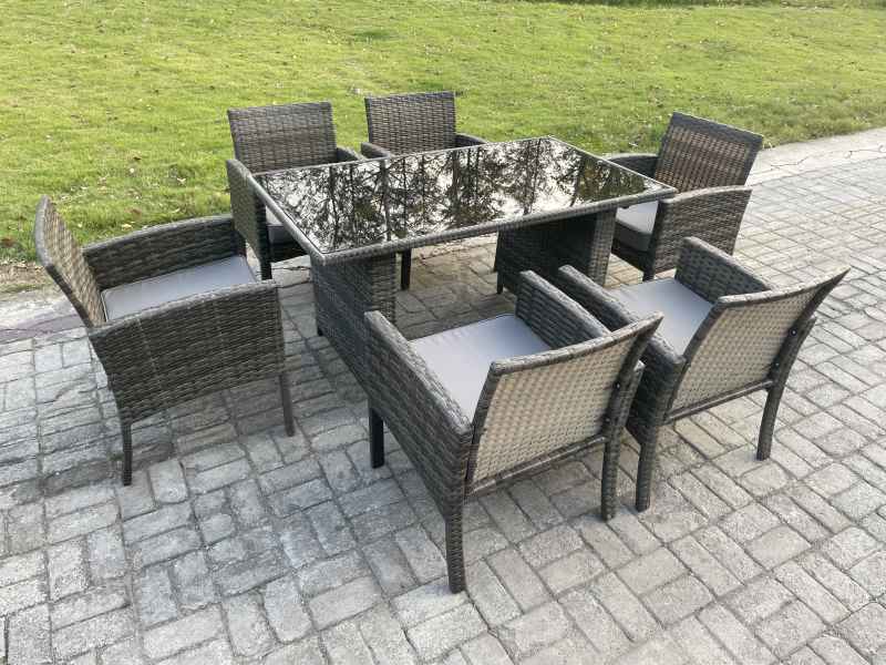 Fimous Wicker PE Outdoor Rattan Garden Furniture Arm Chair And Table Dining Sets 6 Seater Rectangular Table Dark Grey Mixed