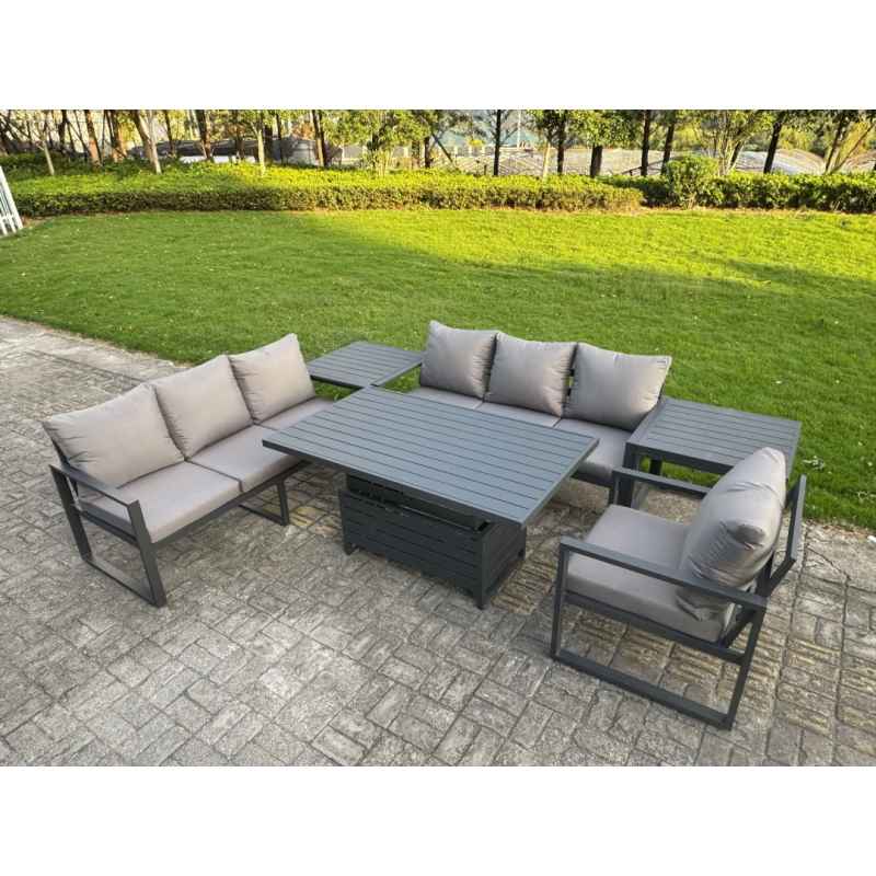 Fimous Aluminium Garden Furniture Sets,7 Seater Outdoor Sofa Dining Set with Adjustable Rising Lifting Dining Table Side Table Cushions for Yard,Poolside, Patio, Dark Grey