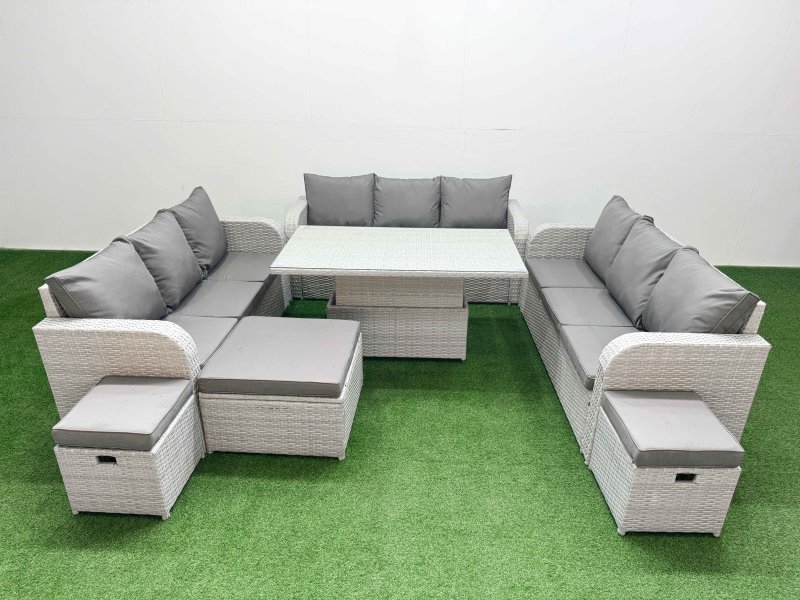 Fimous PE Rattan Lounge Sofa Set 12 Seater Outdoor Garden Furniture Set with Adjustable Lifting Dining or Coffee Table 3 Seater Sofa 3 Stools Light Grey