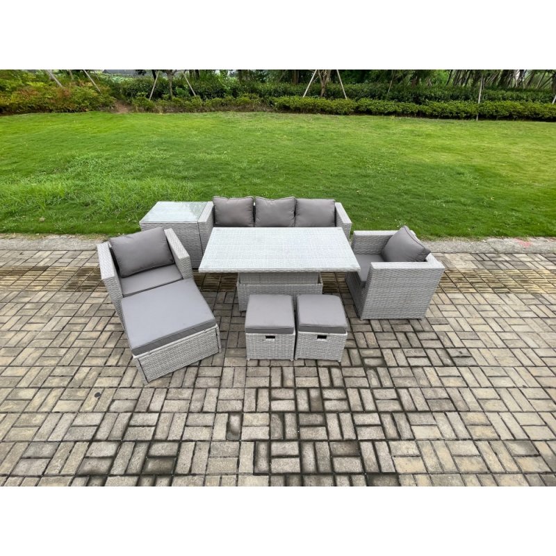 Fimous Outdoor Rattan Garden Funiture Set Height Adjustable Rising Lifting Table Sofa Dining Set with 2 Armchairs Side Table Footstools