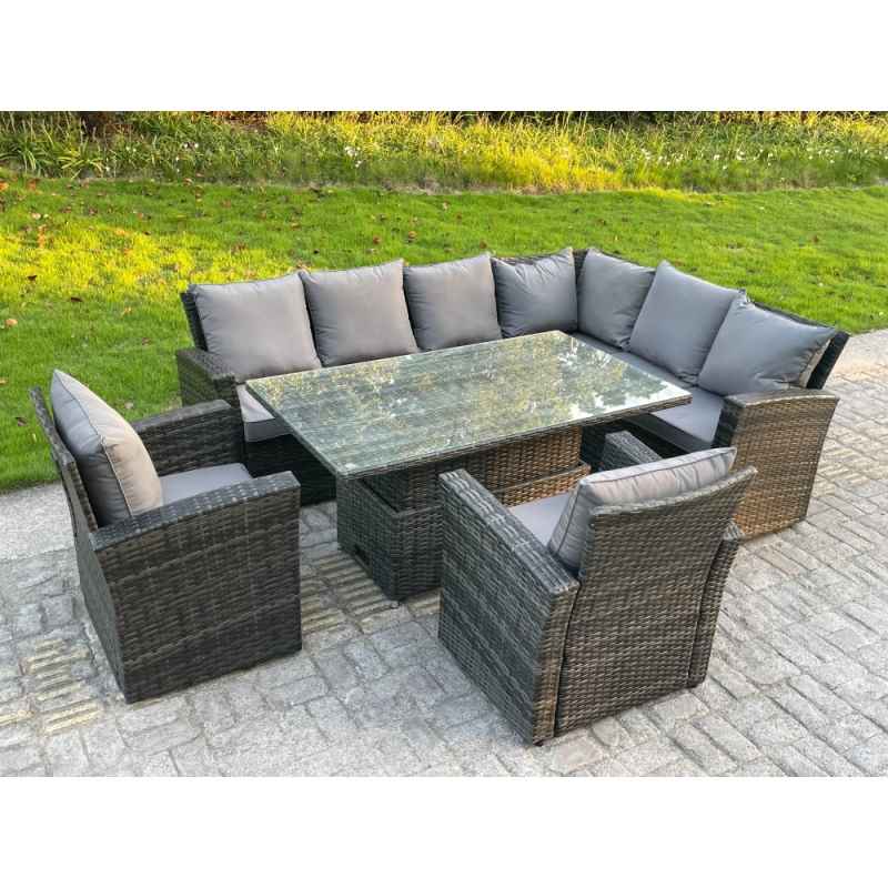 Fimous High Back PE Rattan Corner Sofa Set Garden Furniture Adjustable Rising Lifting Table Set With 2 Chair