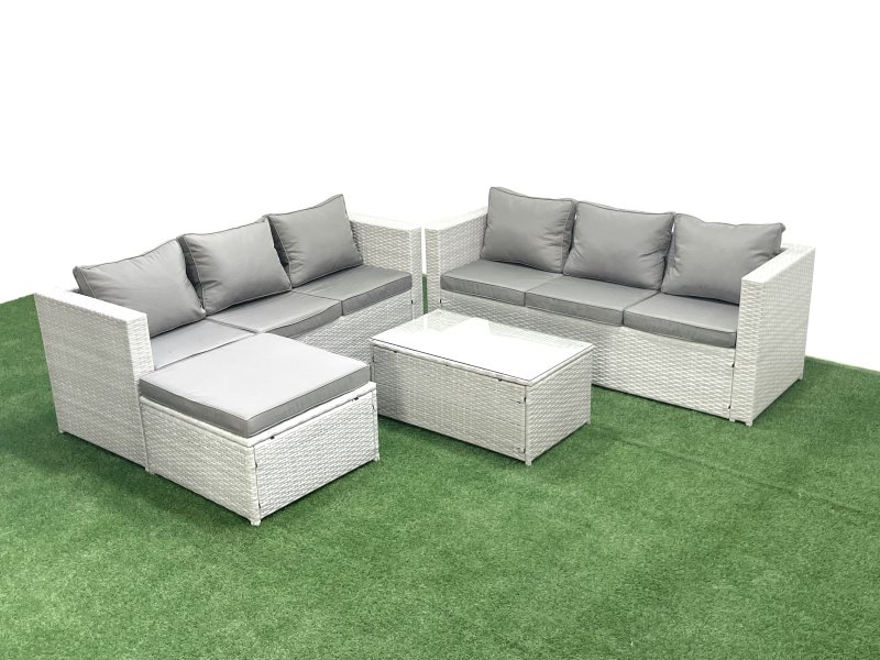Fimous Garden Outdoor PE Rattan Furniture Set 7 Seater Rattan Garden Sofa Set with Big Footstool Light Grey Mixed