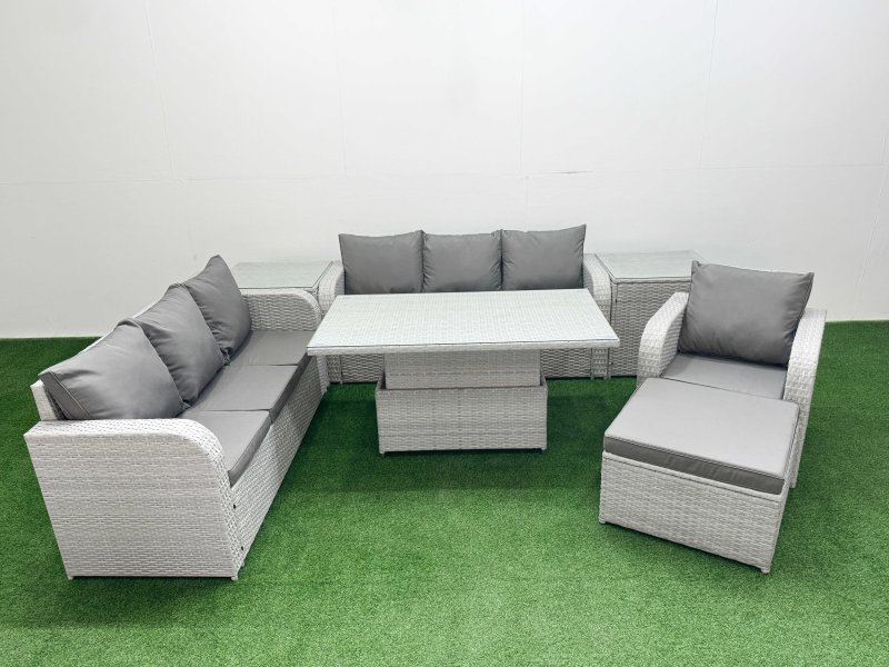 Fimous 8 Seater Poly Rattan Outdoor Garden Furniture Adjustable Lifting Dining or Coffee Table Sofa Set Patio 3 Seater Sofa Reclining Chair 3 Seater Sofa Big Footstool 2 Side Table Light Grey