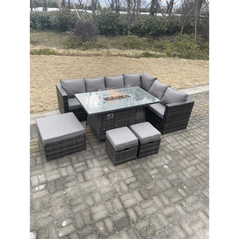 Fimous Rattan Corner Sofa Set Gas Firepit Dining Table Set Patio Heater Burner With Big Footstool Dark Grey Mixed 9 Seater