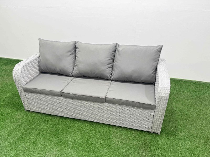 Fimous PE Rattan Garden Furniture Set Reclining Chair Sofa Double Love Seat 2 Seater Sofa Lounge Set Rectangular Dining Table 2 Big Footstool 2 Side Table Light Grey