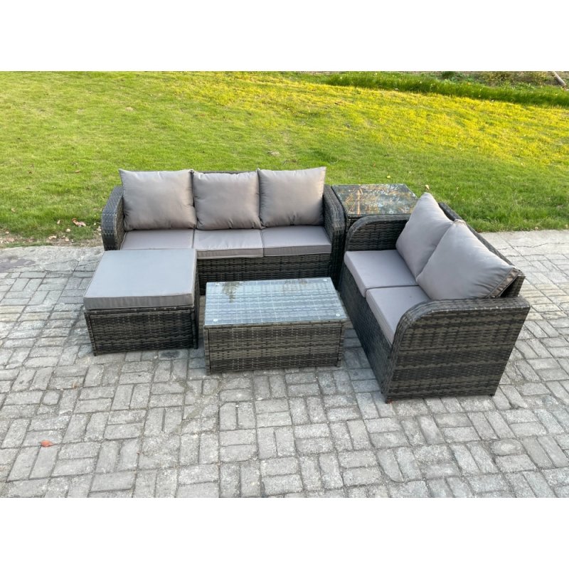 Fimous 6 Seater Rattan Wicker Garden Furniture Patio Conservatory Sofa Set with Rectangular Coffee Table 3 Seater Sofa Love Sofa Big Footstool Side Table