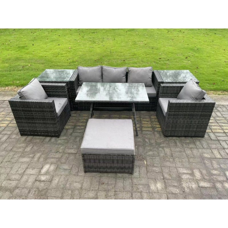 Fimous 6 Seater Rattan Outdoor Furniture Garden Dining Set with Oblong Dining Table 2 Side Tables Big Footstool 2 Armchairs Dark Grey Mixed