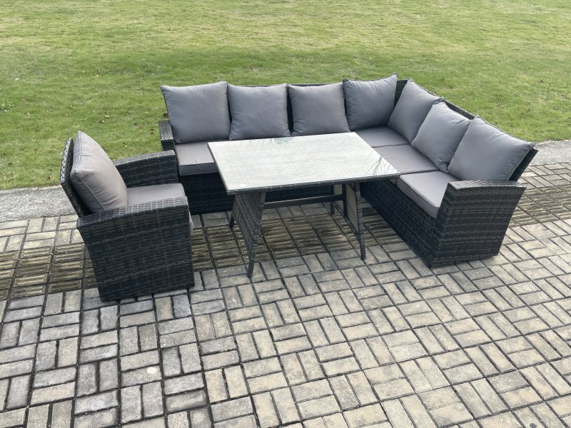 Fimous Outdoor Furniture Garden Dining Set Rattan Corner Sofa Chair Set Rectangular Dining Table with Temper Glass Dark Grey Mixed