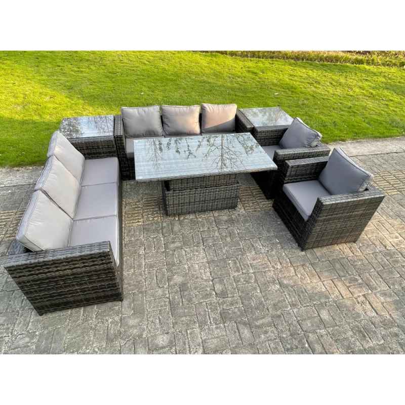 Fimous 8 Seater?Outdoor Rattan Garden Furniture Adjustable Rising Lifting Table Armchairs Dark Grey Mixed