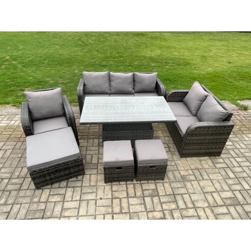Fimous Rattan Outdoor Furniture Garden Dining Set Patio Height Adjustable Rising lifting Table Reclining Chair Sofa With 3 Footstools Dark Grey Mixed