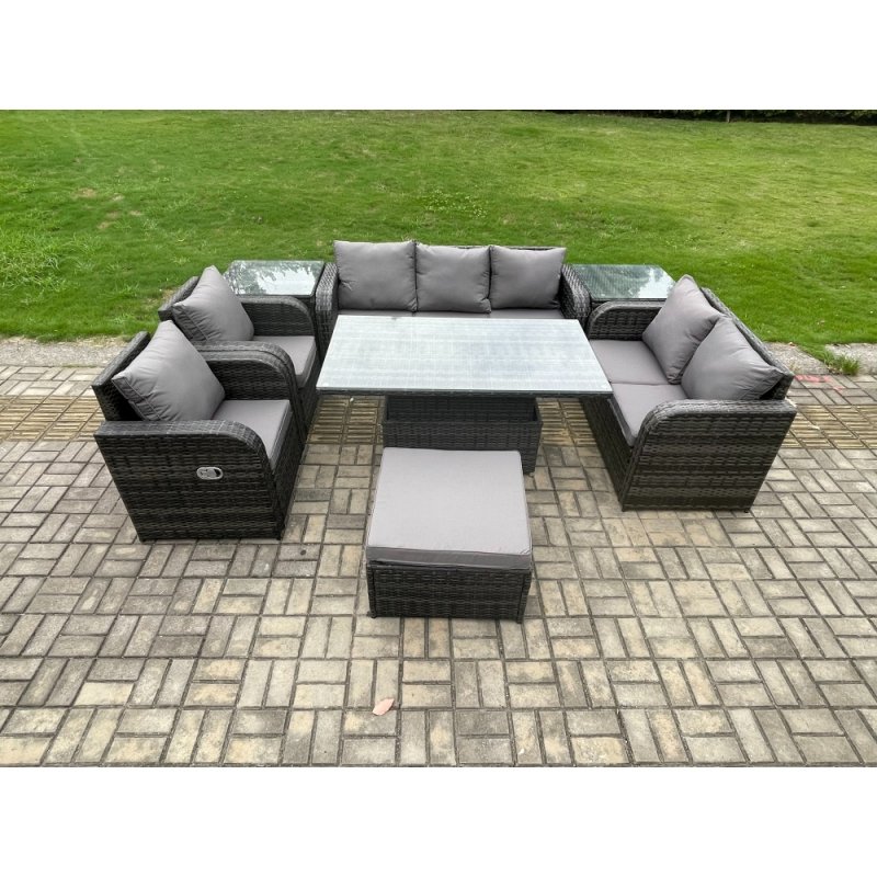 Fimous Wicker PE Rattan Outdoor Garden Furniture Sets Height Adjustable Rising lifting Dining Table Reclining Chair Sofa Set with 2 Side Tables Big Footstool Dark Grey Mixed