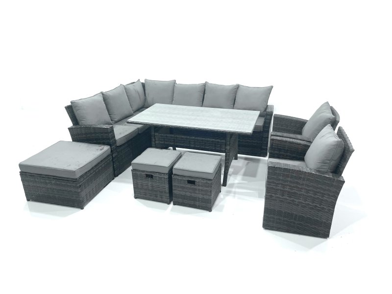 Fimous Outdoor Furniture Garden Dining Set Rattan Corner Sofa Set with 3 Footstools 2 Armchairs Dark Grey Mixed