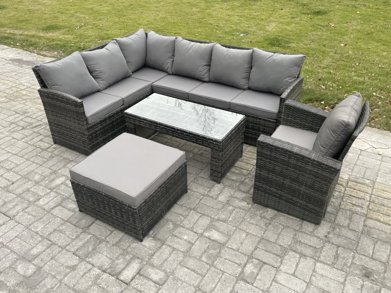 Fimous Rattan Garden Furniture Sets High Back Corner Sofa Oblong Coffee Table Set with Big Footstool Armchair Dark Grey Mixed