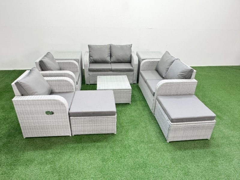Fimous 8 Seater Outdoor Reclining Chair Love Sofa Set Rattan Garden Furniture Set with Square Coffee Table 2 Big FootStools 2 Side Table Light Grey