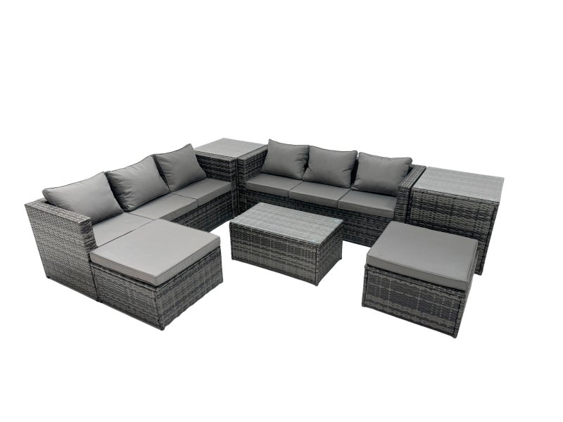 Fimous Rattan Garden Furniture Dining Set 8-seater Patio Coffee Table Sofa Set with 2 Side Tables 2 Big Footstools Dark Grey Mixed