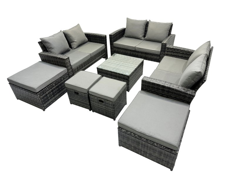 Fimous PE Rattan Garden Furniture Set Lounge Double Seat Sofa Coffee Table Set with 4 Stools Dark Grey Mixed