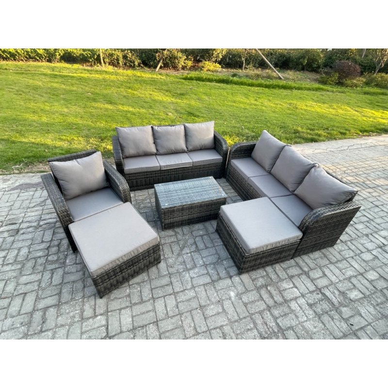 Fimous Wicker PE Rattan Garden Furniture Set 9 Seater Outdoor Lounge Sofa Set with Coffee Table 2 Big Footstool Dark Grey Mixed