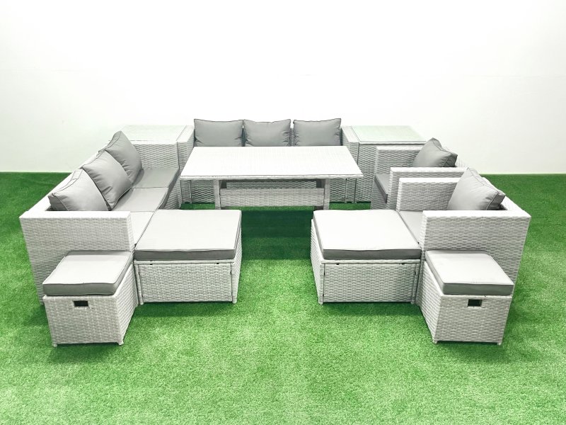Fimous Rattan Garden Furniture Dining Set 12 Seater Lounge Sofa Chair Dining Table Set with 4 Footstools 2 Side Tables Light Grey Mixed