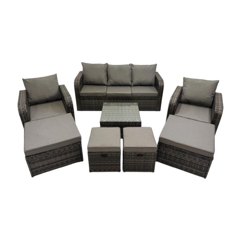 Fimous 3 Seater Sofa Reclining Chair Coffee Table Set Rattan Garden Outdoor Furniture Set with 4 Stools Dark Grey Mixed