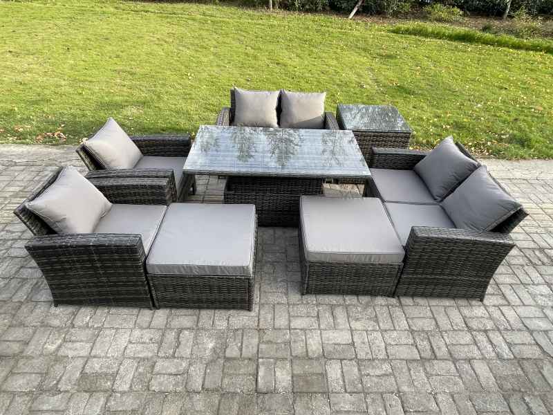 Fimous Outdoor Garden Furniture Sets 8 Pieces Wicker Rattan Furniture Sofa Dining Table Set with 2 Big Footstool Side Table Dark Grey Mixed