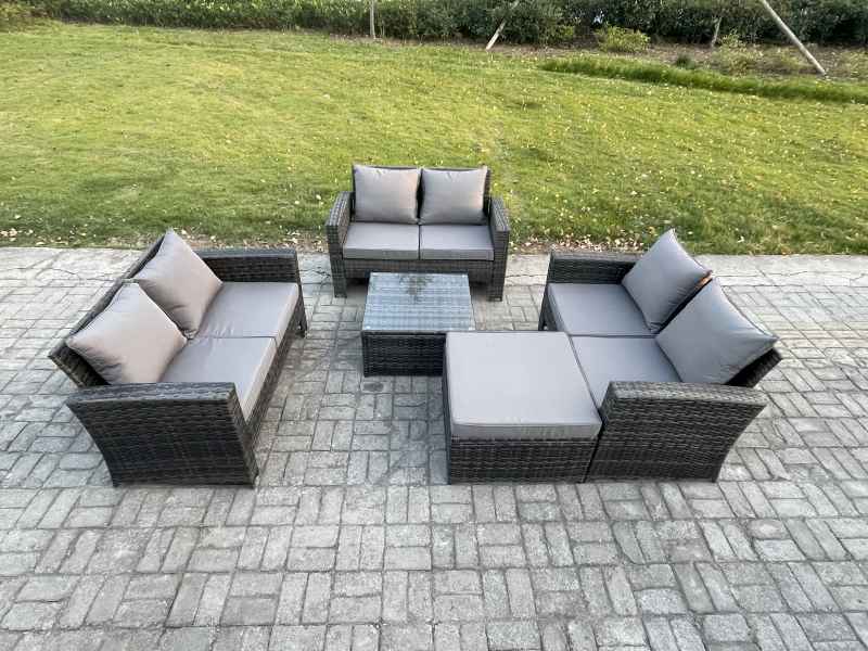 Fimous 7 Seater Rattan Wicker Garden Furniture Patio Conservatory Sofa Set with Square Coffee Table Double Seat Sofa Big Footstool