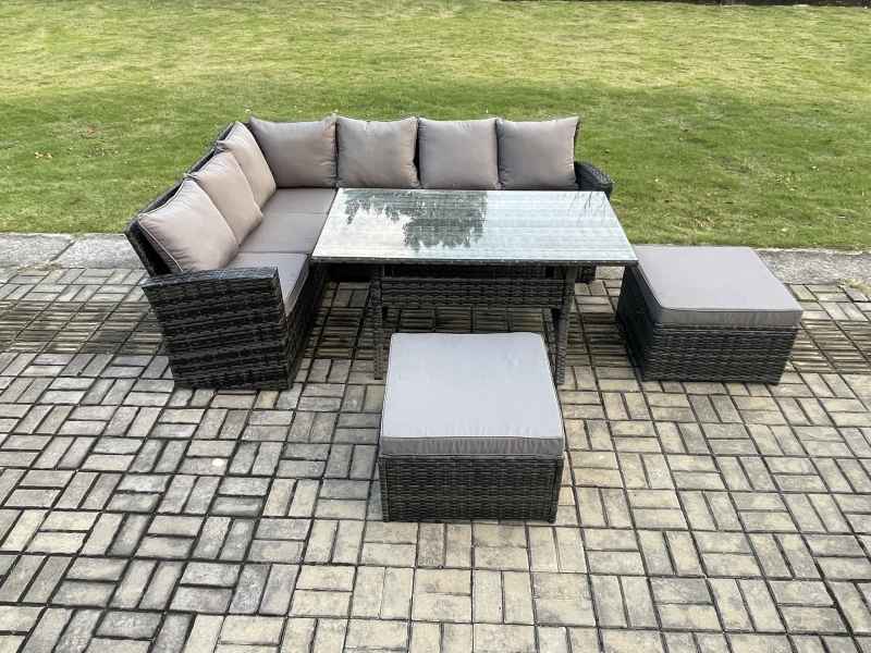 Fimous 8 Seater High Back Rattan Garden Furniture Set Corner Sofa With Rectangular Dining Table 2 Big Footstool Dark Grey Mixed