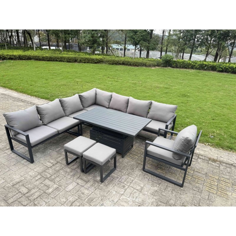 Fimous 7 Piece L-shaped Garden Furniture Set 8-Seater Aluminium Outdoor Dining Set with Adjustable Rising Lifting Dining Table Dark Grey